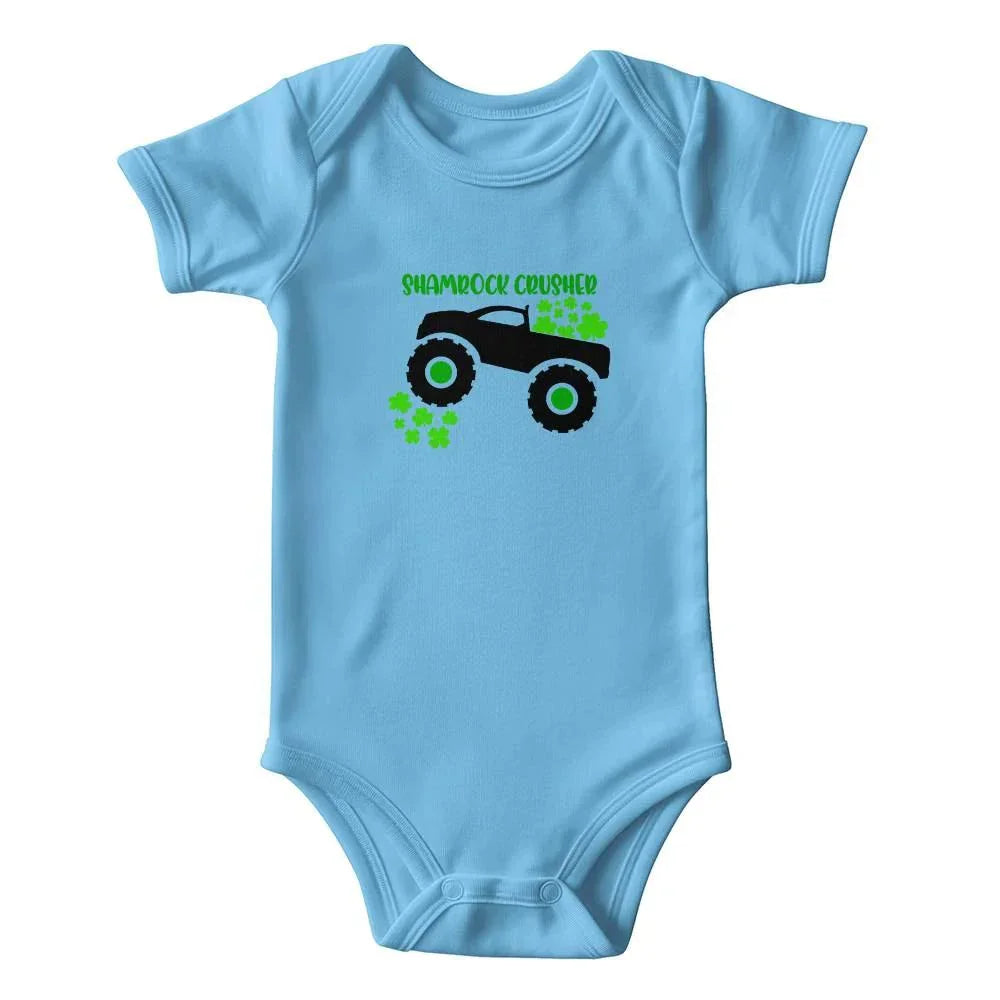 Shamrock Crusher St. Patrick’s Day Baby Bodysuit – Funny Monster Truck Onesie – Soft Cotton Infant Romper – Irish Holiday Outfit & Baby Gift