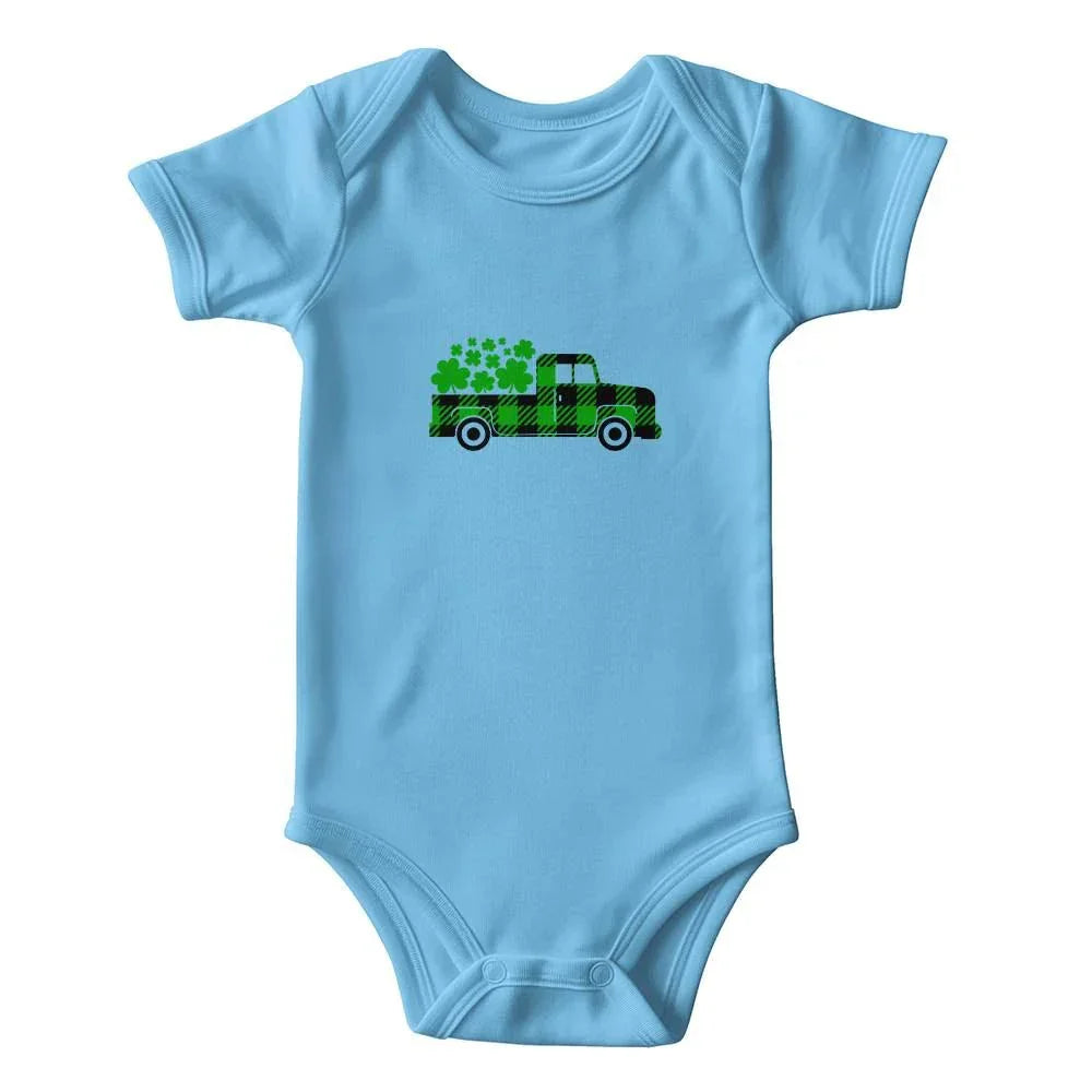Plaid Shamrock Truck St. Patrick’s Day Baby Bodysuit – Cute Farmhouse Irish Onesie – Soft Cotton Infant Romper – Lucky Holiday Outfit & Baby Gift