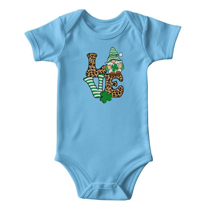 Love St. Patrick’s Day Baby Bodysuit – Cute Gnome & Shamrock Onesie – Soft Cotton Infant Romper – Leopard Print Irish Holiday Outfit & Baby Gift - Mallard Moon Gift Shop