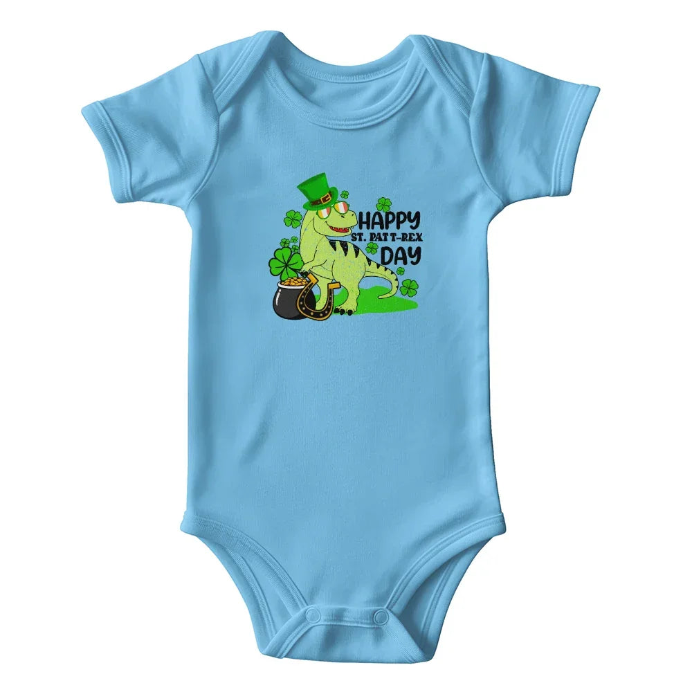 Baby St. Patrick's Day Bodysuit – Cute T-Rex Dinosaur – Lucky Irish Holiday Outfit – Soft Cotton Short Sleeve Infant Romper
