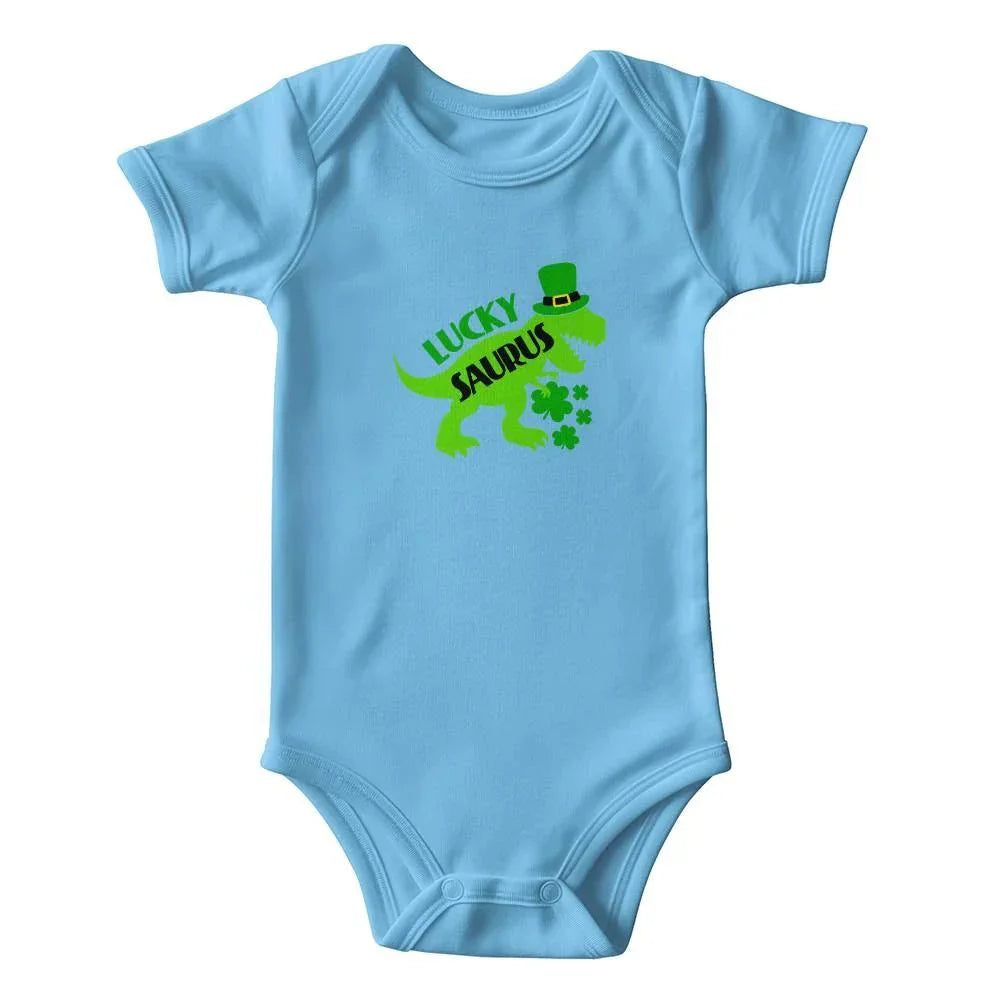 Luckysaurus St. Patrick’s Day Baby Bodysuit – Cute T-Rex Dinosaur Onesie – Soft Cotton Infant Romper – Funny Irish Holiday Outfit & Baby Gift