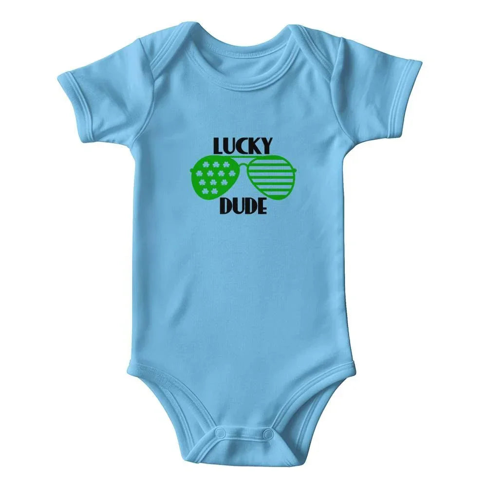 Lucky Dude St. Patrick’s Day Baby Bodysuit – Cool Shamrock Sunglasses Onesie – Soft Cotton Infant Romper – Funny Irish Holiday Outfit & Baby Gift