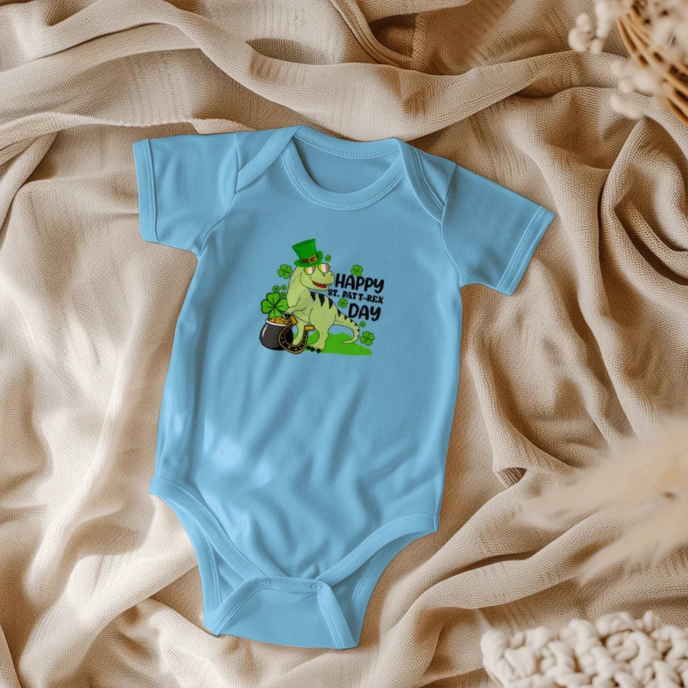 Baby St. Patrick's Day Bodysuit – Cute T-Rex Dinosaur – Lucky Irish Holiday Outfit – Soft Cotton Short Sleeve Infant Romper