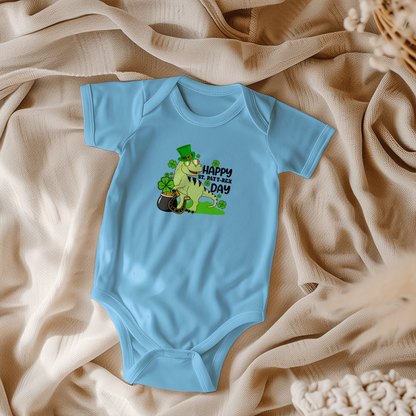 Baby St. Patrick's Day Bodysuit – Cute T-Rex Dinosaur – Lucky Irish Holiday Outfit – Soft Cotton Short Sleeve Infant Romper - Mallard Moon Gift Shop