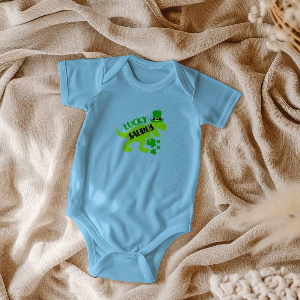 Luckysaurus St. Patrick’s Day Baby Bodysuit – Cute T-Rex Dinosaur Onesie – Soft Cotton Infant Romper – Funny Irish Holiday Outfit & Baby Gift