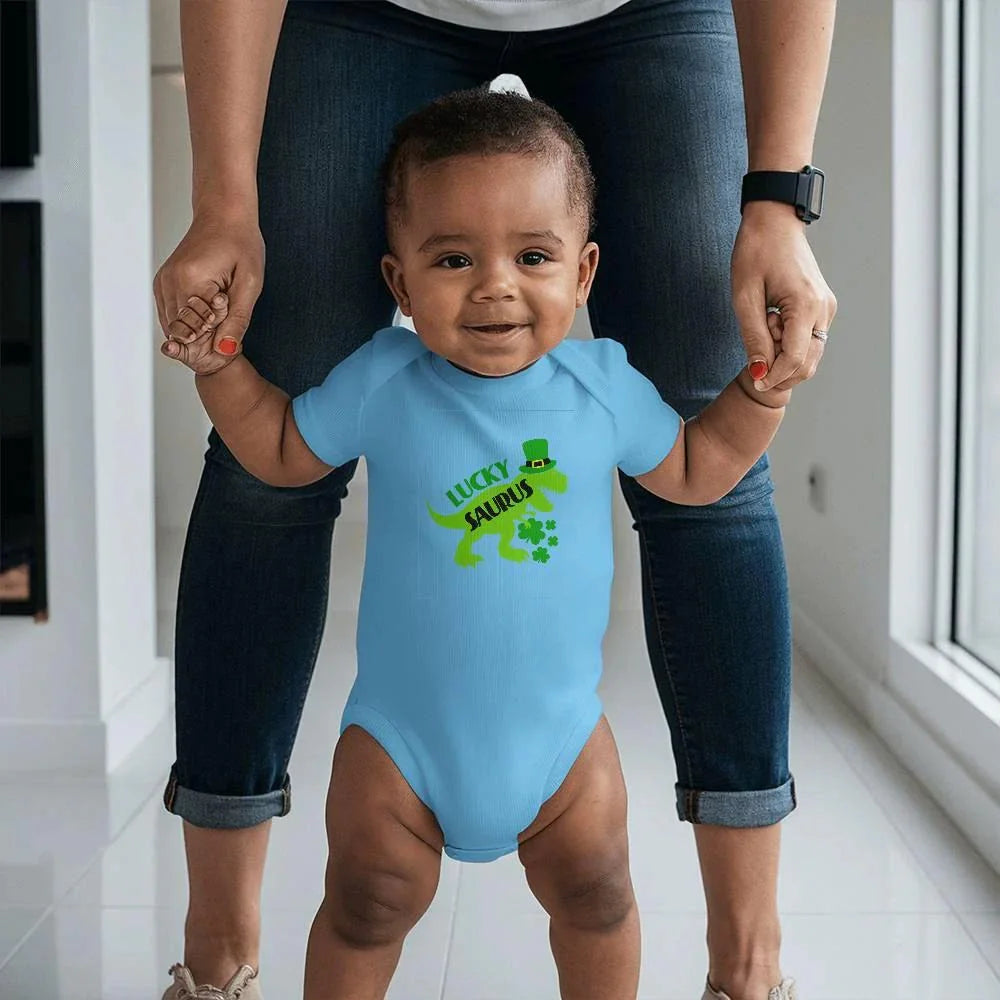 Luckysaurus St. Patrick’s Day Baby Bodysuit – Cute T-Rex Dinosaur Onesie – Soft Cotton Infant Romper – Funny Irish Holiday Outfit & Baby Gift