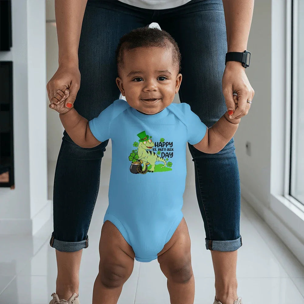 Baby St. Patrick's Day Bodysuit – Cute T-Rex Dinosaur – Lucky Irish Holiday Outfit – Soft Cotton Short Sleeve Infant Romper