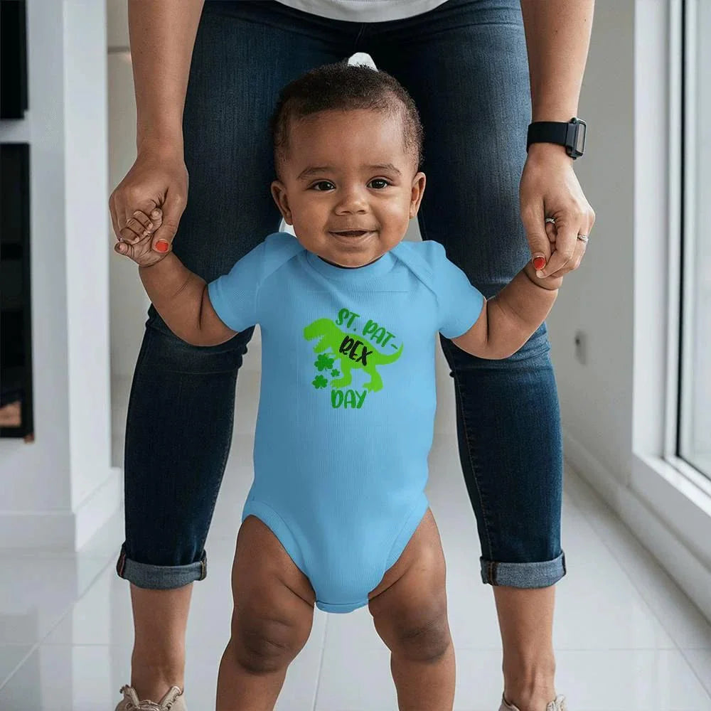 St. Pat-Rex Day Baby Bodysuit – Funny Dinosaur St. Patrick’s Day Onesie – Soft Cotton Infant Romper – Cute Irish Holiday Outfit & Baby Gift