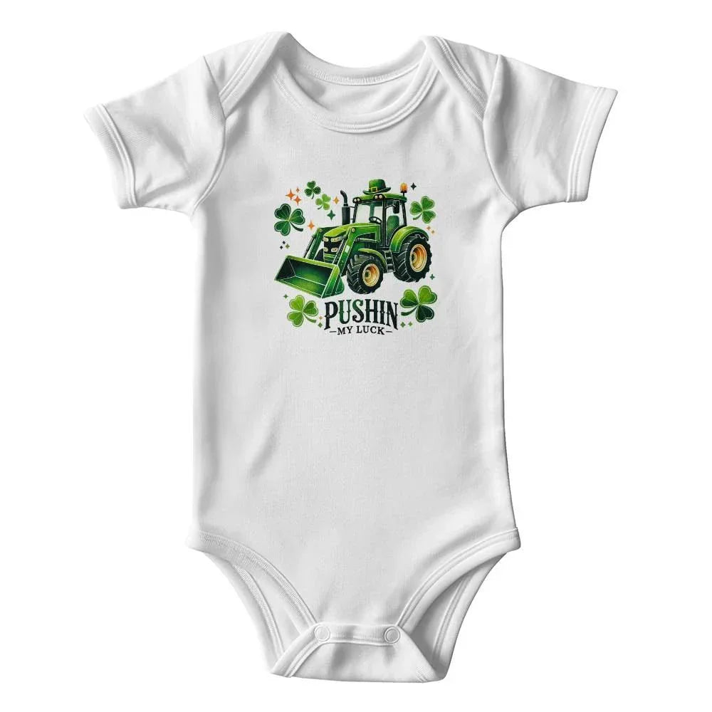 Pushin’ My Luck St. Patrick’s Day Baby Bodysuit – Funny Tractor & Shamrock Onesie – Soft Cotton Infant Romper – Irish Holiday Outfit & Baby Gift