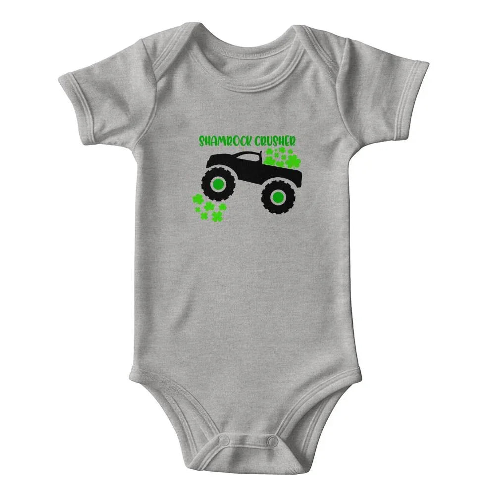 Shamrock Crusher St. Patrick’s Day Baby Bodysuit – Funny Monster Truck Onesie – Soft Cotton Infant Romper – Irish Holiday Outfit & Baby Gift