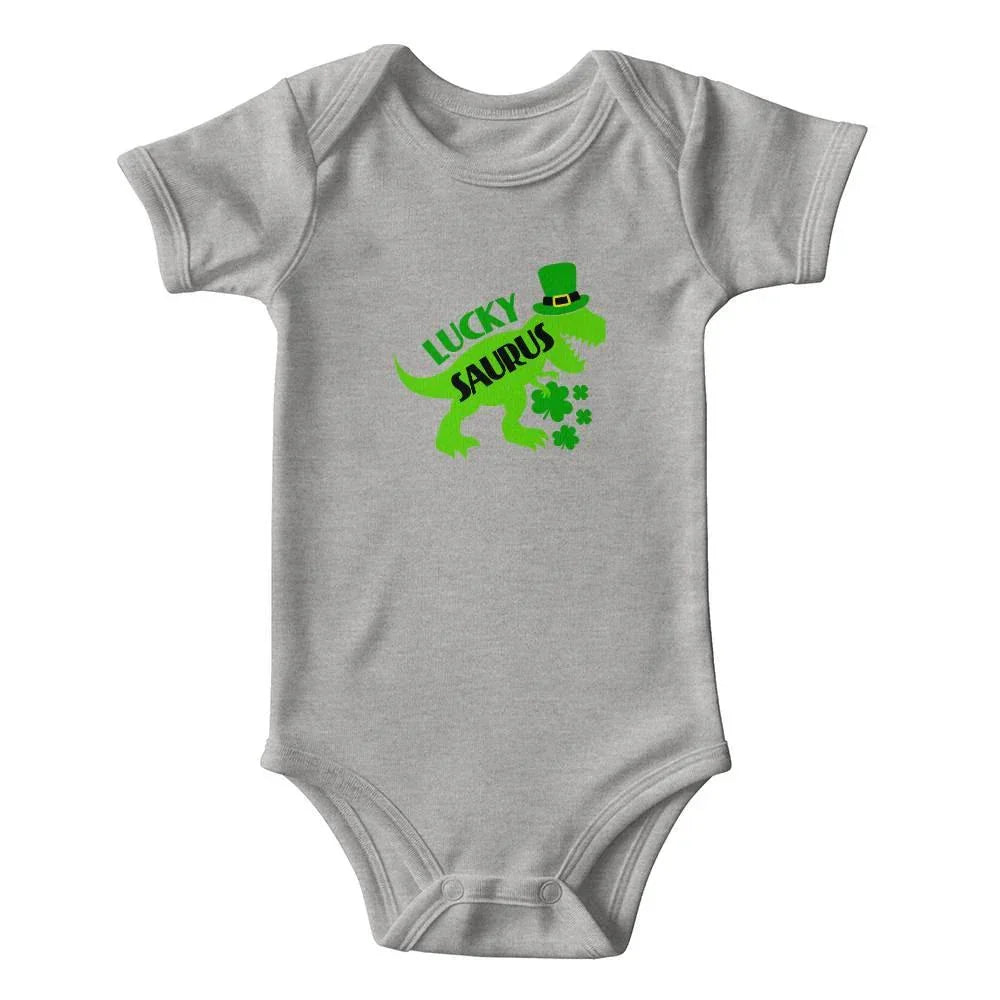 Luckysaurus St. Patrick’s Day Baby Bodysuit – Cute T-Rex Dinosaur Onesie – Soft Cotton Infant Romper – Funny Irish Holiday Outfit & Baby Gift