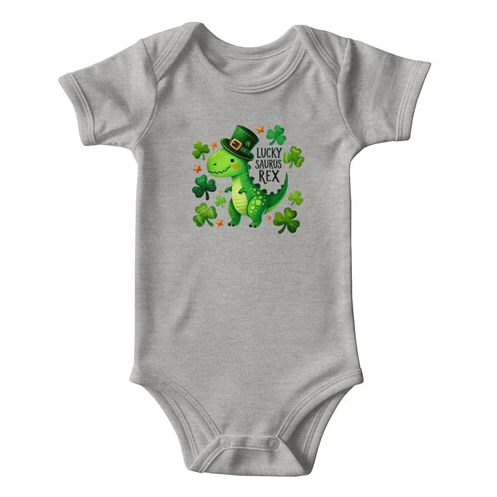 Lucky Saurus Rex St. Patrick’s Day Baby Bodysuit – Cute Dinosaur & Shamrock Onesie – Soft Cotton Infant Romper – Funny Irish Holiday Outfit & Baby Gift