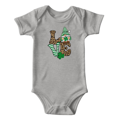 Love St. Patrick’s Day Baby Bodysuit – Cute Gnome & Shamrock Onesie – Soft Cotton Infant Romper – Leopard Print Irish Holiday Outfit & Baby Gift - Mallard Moon Gift Shop