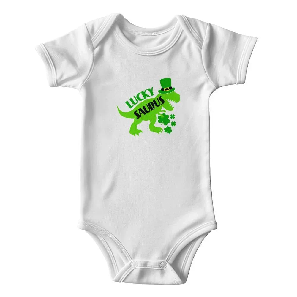 Luckysaurus St. Patrick’s Day Baby Bodysuit – Cute T-Rex Dinosaur Onesie – Soft Cotton Infant Romper – Funny Irish Holiday Outfit & Baby Gift