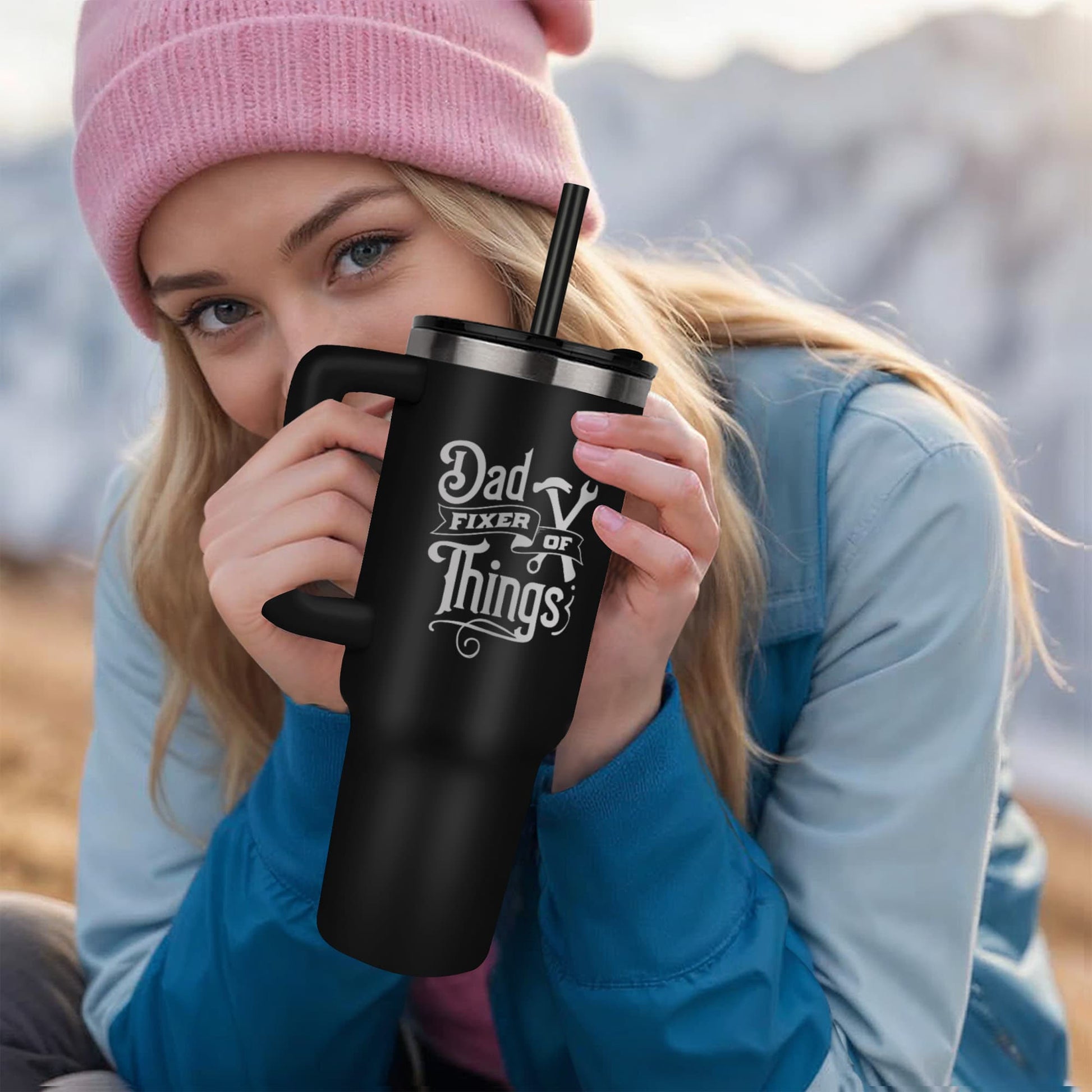 Dad- Fixer of Things - Funny 40oz laser-engraved Tumbler with Handle - Mallard Moon Gift Shop