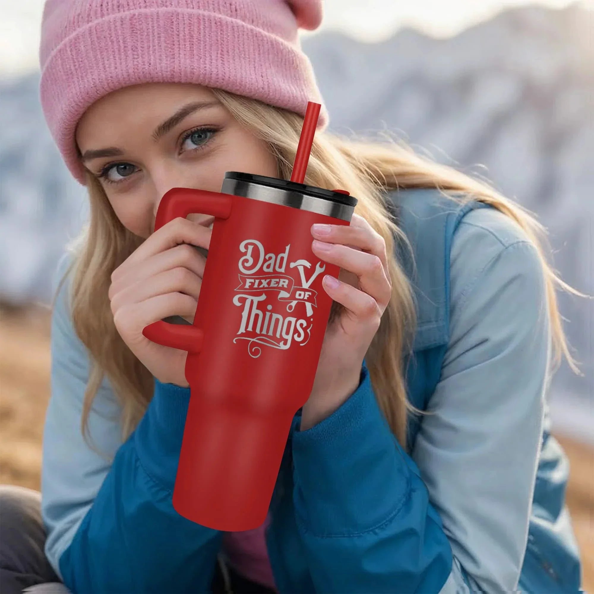 Dad- Fixer of Things - Funny 40oz laser-engraved Tumbler with Handle