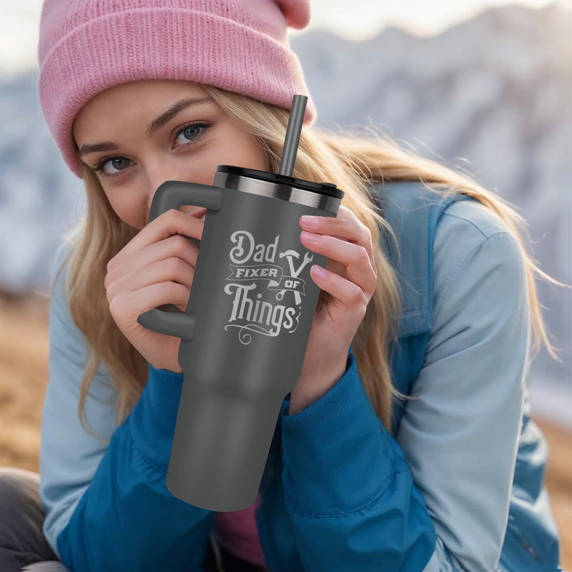 Dad- Fixer of Things - Funny 40oz laser-engraved Tumbler with Handle - Mallard Moon Gift Shop