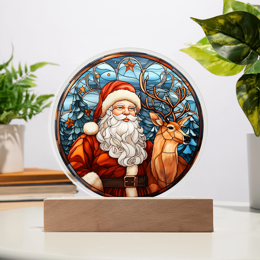 Santa and Reindeer Stained Glass Acrylic Plaque – Round LED Light Christmas Décor | Festive Holiday Gift Keepsake