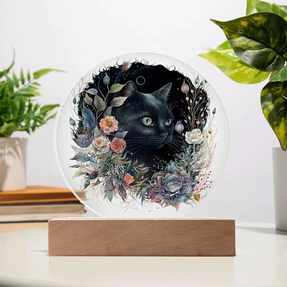 Moonlit Mystery: Black Cat Acrylic Plaque Showcase