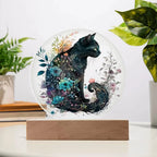 Hallow's Eve Feline: Enchanting Acrylic Plaque Halloween Black Cat Table-top Lighted Decor