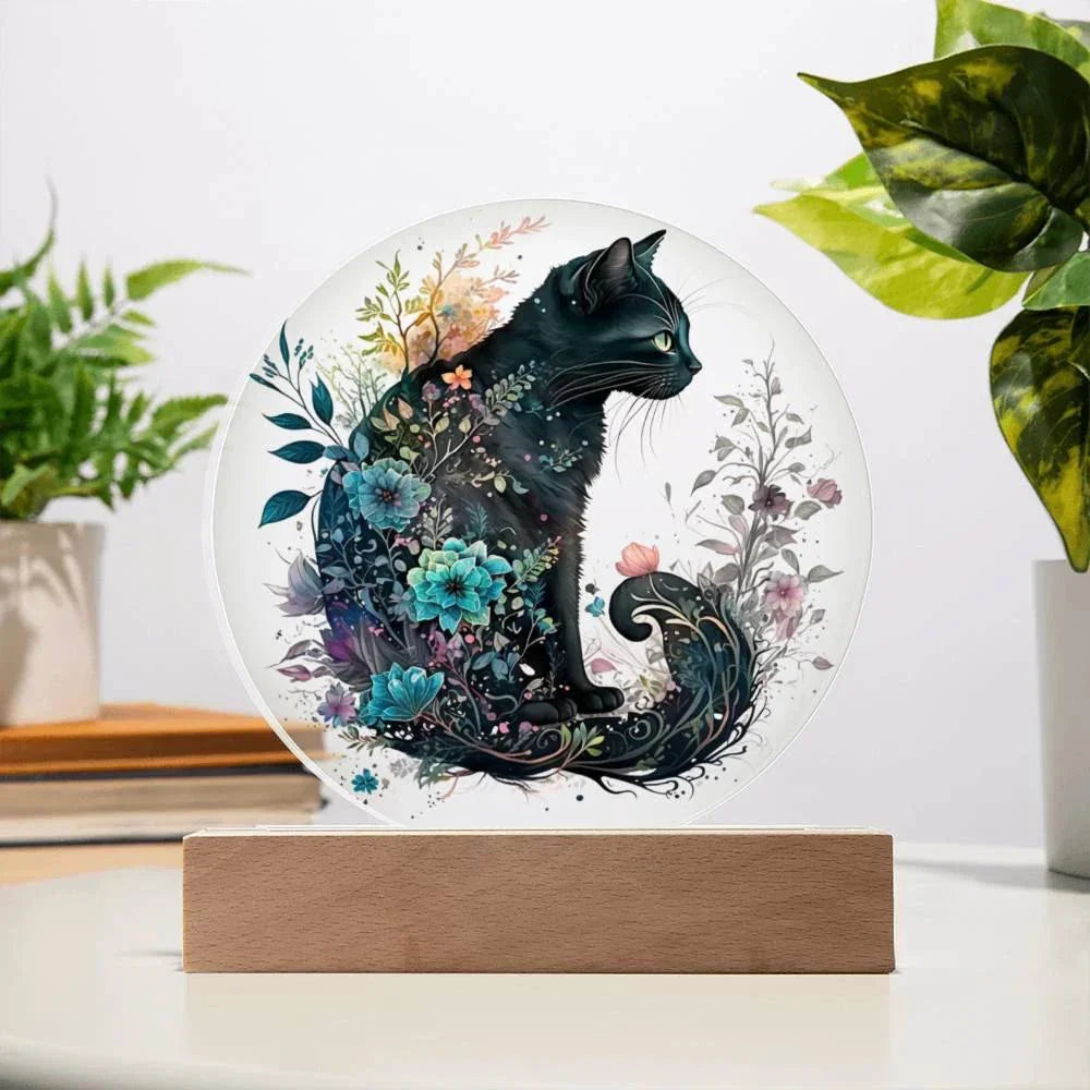 Hallow's Eve Feline: Enchanting Acrylic Plaque Halloween Black Cat Table-top Lighted Decor