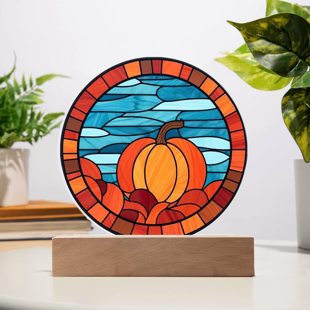 Pumpkin Stained-Glass Fall, Halloween, or Thanksgiving Home Decor Round Acrylic Plaque with Lighted LED Wooden Base - Mallard Moon Gift Shop