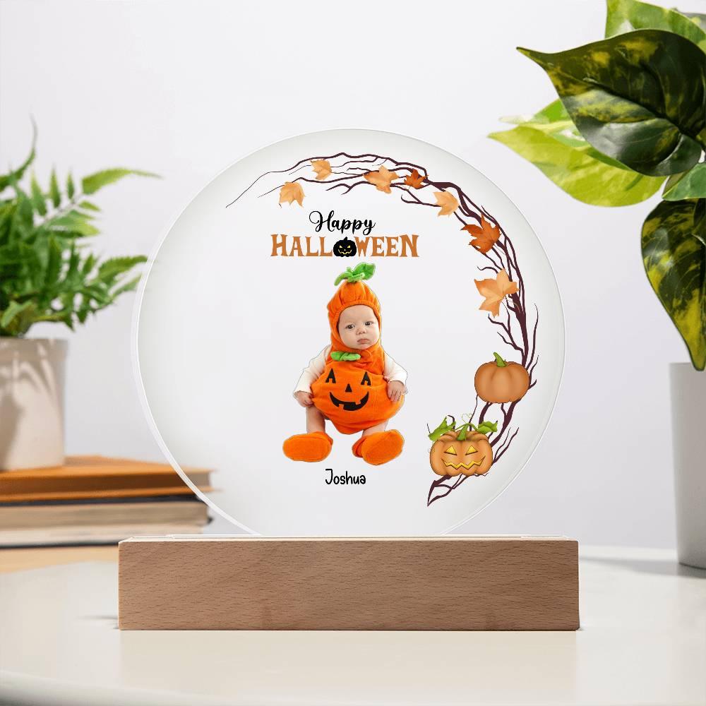 Personalized Halloween Photo Upload - Baby First Halloween Keepsake - Family Costume Round Acrylic Plaque with LED Lighted Base - Mallard Moon Gift Shop