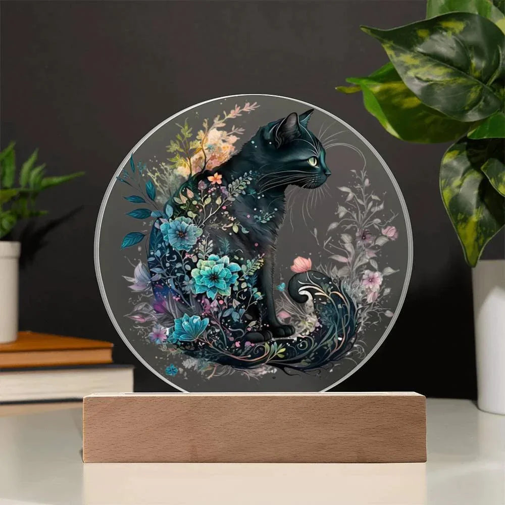 Hallow's Eve Feline: Enchanting Acrylic Plaque Halloween Black Cat Table-top Lighted Decor