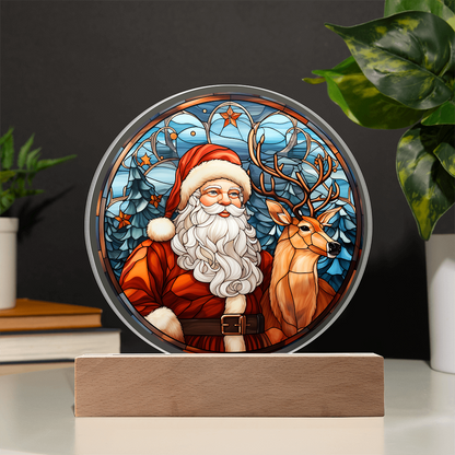 Santa and Reindeer Stained Glass Acrylic Plaque – Round LED Light Christmas Décor | Festive Holiday Gift Keepsake