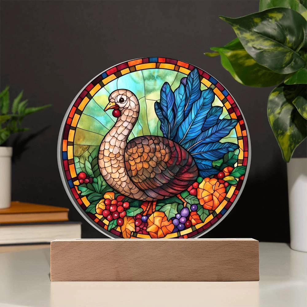Turkey Stained-glass Round Acrylic Plaque - LED Lighted Wooden Base