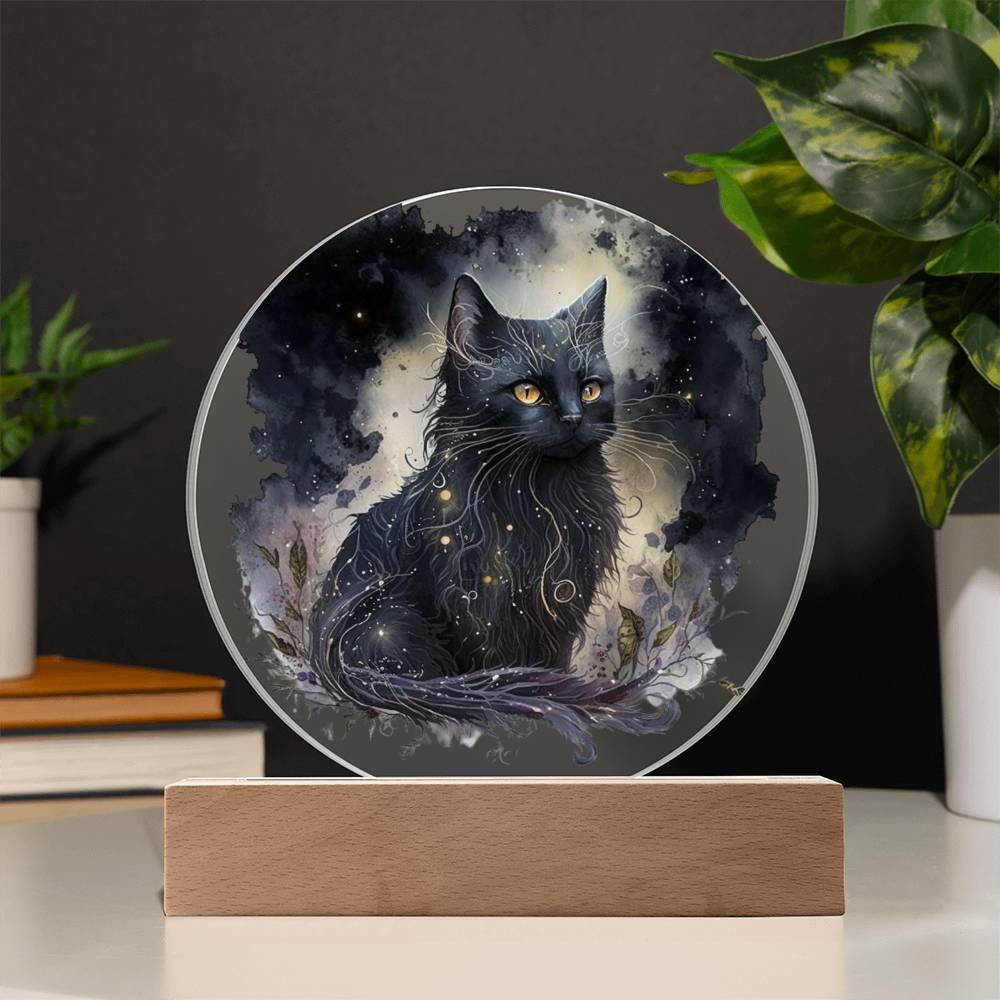 Black Cat Magic Spooky Halloween Printed Circle Acrylic Plaque with LED Lighted Wooden Base - Mallard Moon Gift Shop