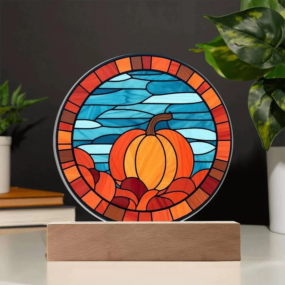 Pumpkin Stained-Glass Fall, Halloween, or Thanksgiving Home Decor Round Acrylic Plaque with Lighted LED Wooden Base