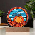 Pumpkin Stained-Glass Fall, Halloween, or Thanksgiving Home Decor Round Acrylic Plaque with Lighted LED Wooden Base