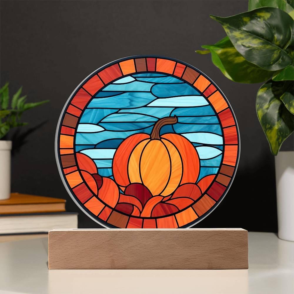 Pumpkin Stained-Glass Fall, Halloween, or Thanksgiving Home Decor Round Acrylic Plaque with Lighted LED Wooden Base - Mallard Moon Gift Shop