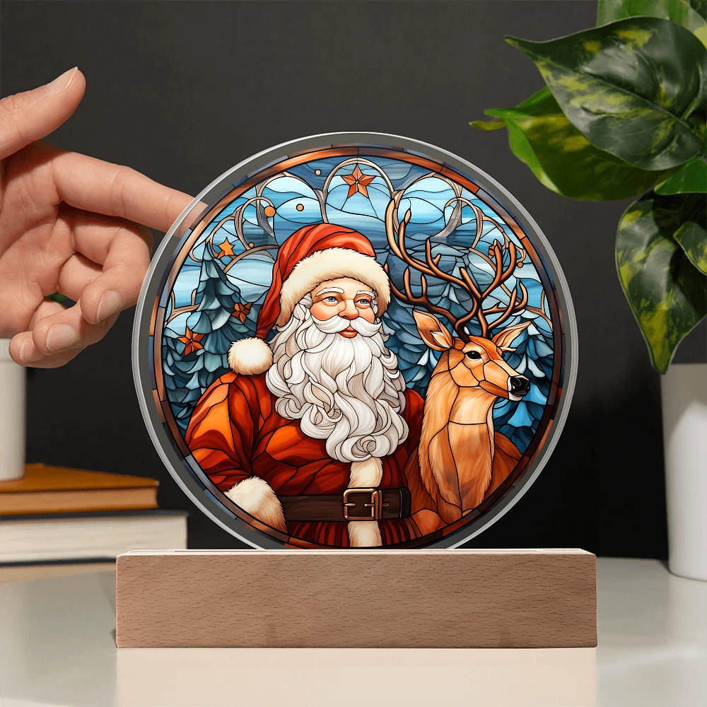 Santa and Reindeer Stained Glass Acrylic Plaque – Round LED Light Christmas Décor | Festive Holiday Gift Keepsake