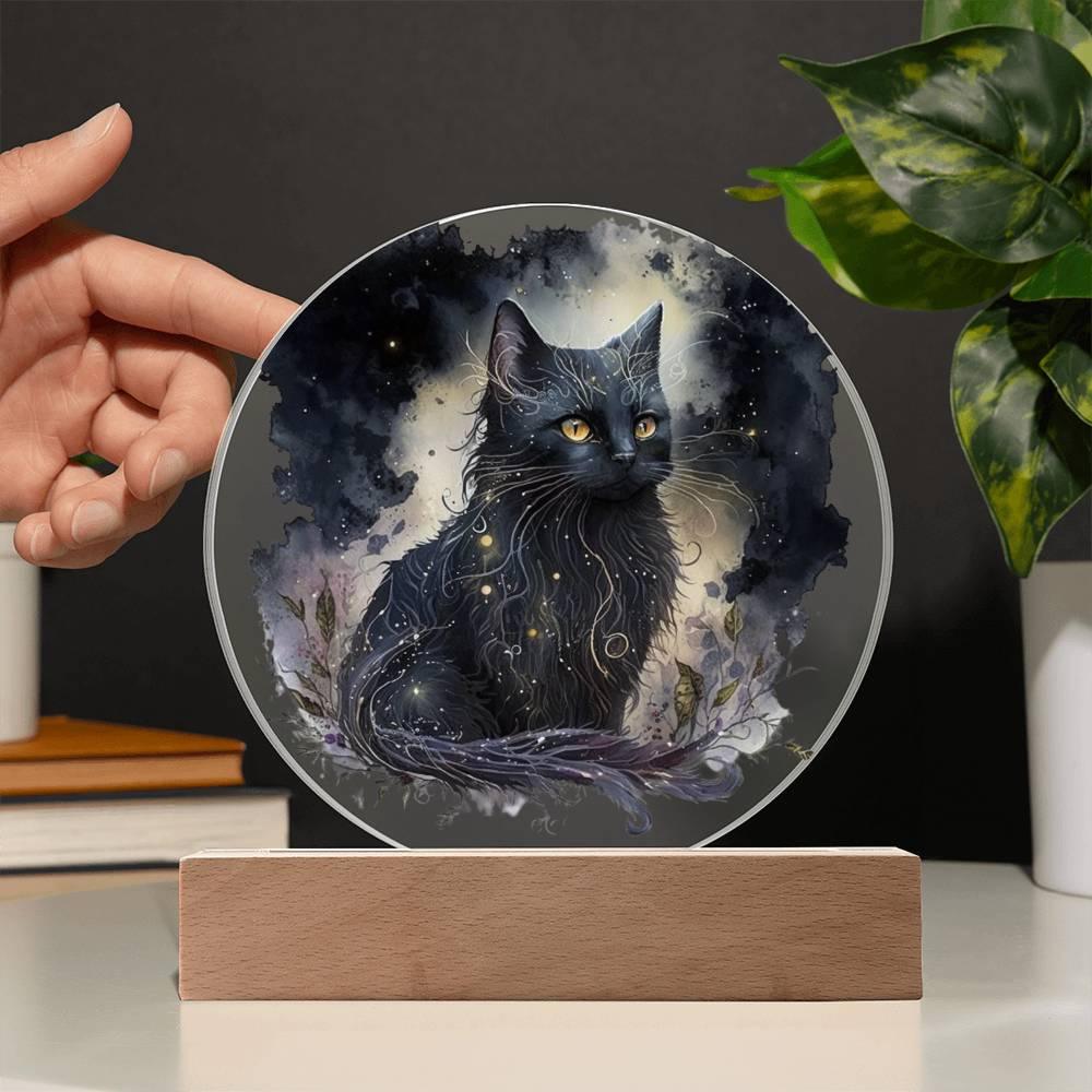 Black Cat Magic Spooky Halloween Printed Circle Acrylic Plaque with LED Lighted Wooden Base - Mallard Moon Gift Shop
