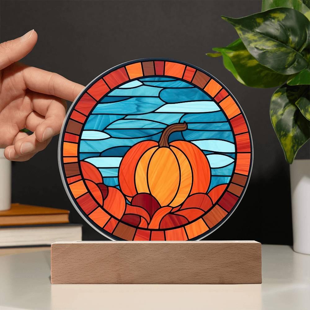 Pumpkin Stained-Glass Fall, Halloween, or Thanksgiving Home Decor Round Acrylic Plaque with Lighted LED Wooden Base - Mallard Moon Gift Shop