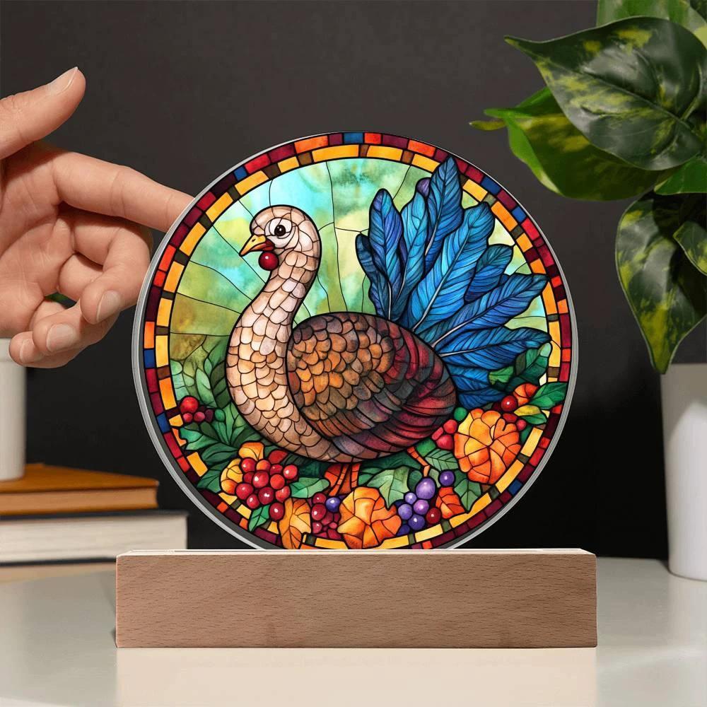 Turkey Stained-glass Round Acrylic Plaque - LED Lighted Wooden Base
