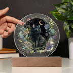 Black Cat Bewitchment: Halloween Printed Circle Acrylic Plaque with LED Lighted Wooden Base