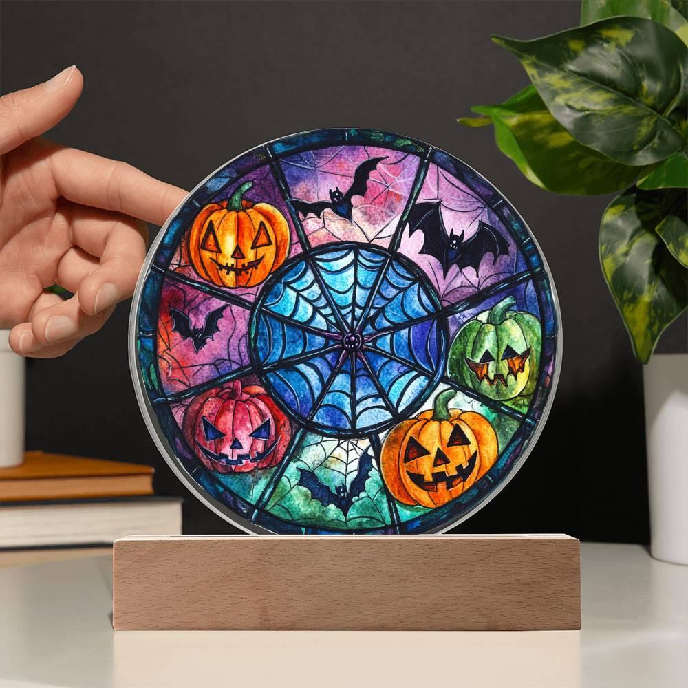 Spooky Halloween Decor Round Acrylic Plaque with Lighted LED Wooden Base - Mallard Moon Gift Shop