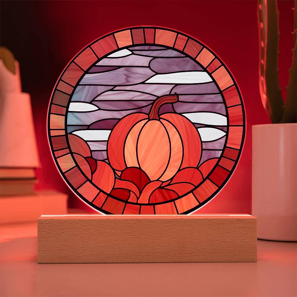 Pumpkin Stained-Glass Fall, Halloween, or Thanksgiving Home Decor Round Acrylic Plaque with Lighted LED Wooden Base - Mallard Moon Gift Shop