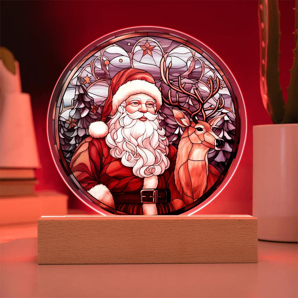 Santa and Reindeer Stained Glass Acrylic Plaque – Round LED Light Christmas Décor | Festive Holiday Gift Keepsake