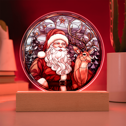 Santa and Reindeer Stained Glass Acrylic Plaque – Round LED Light Christmas Décor | Festive Holiday Gift Keepsake