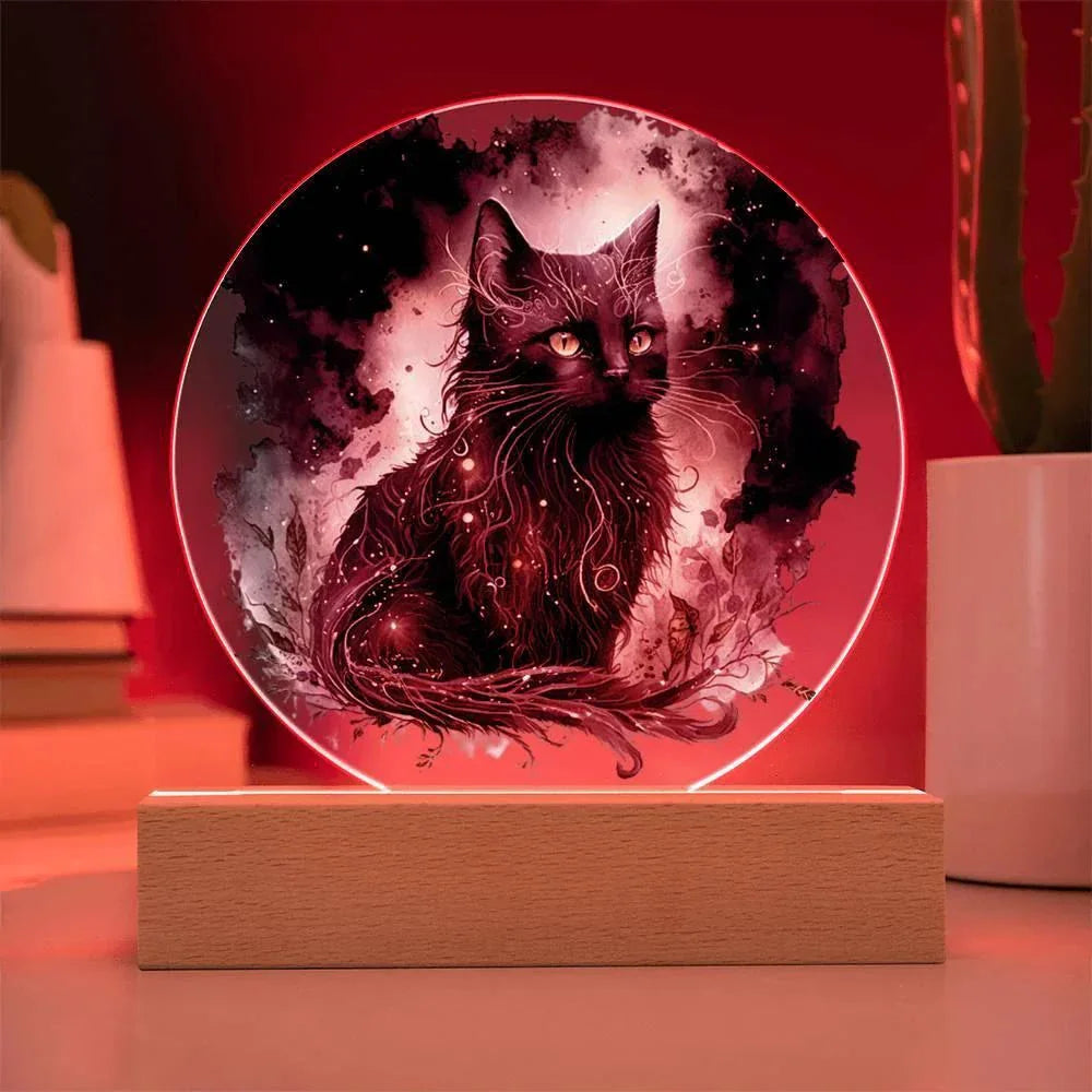 Black Cat Magic Spooky Halloween Printed Circle Acrylic Plaque with LED Lighted Wooden Base