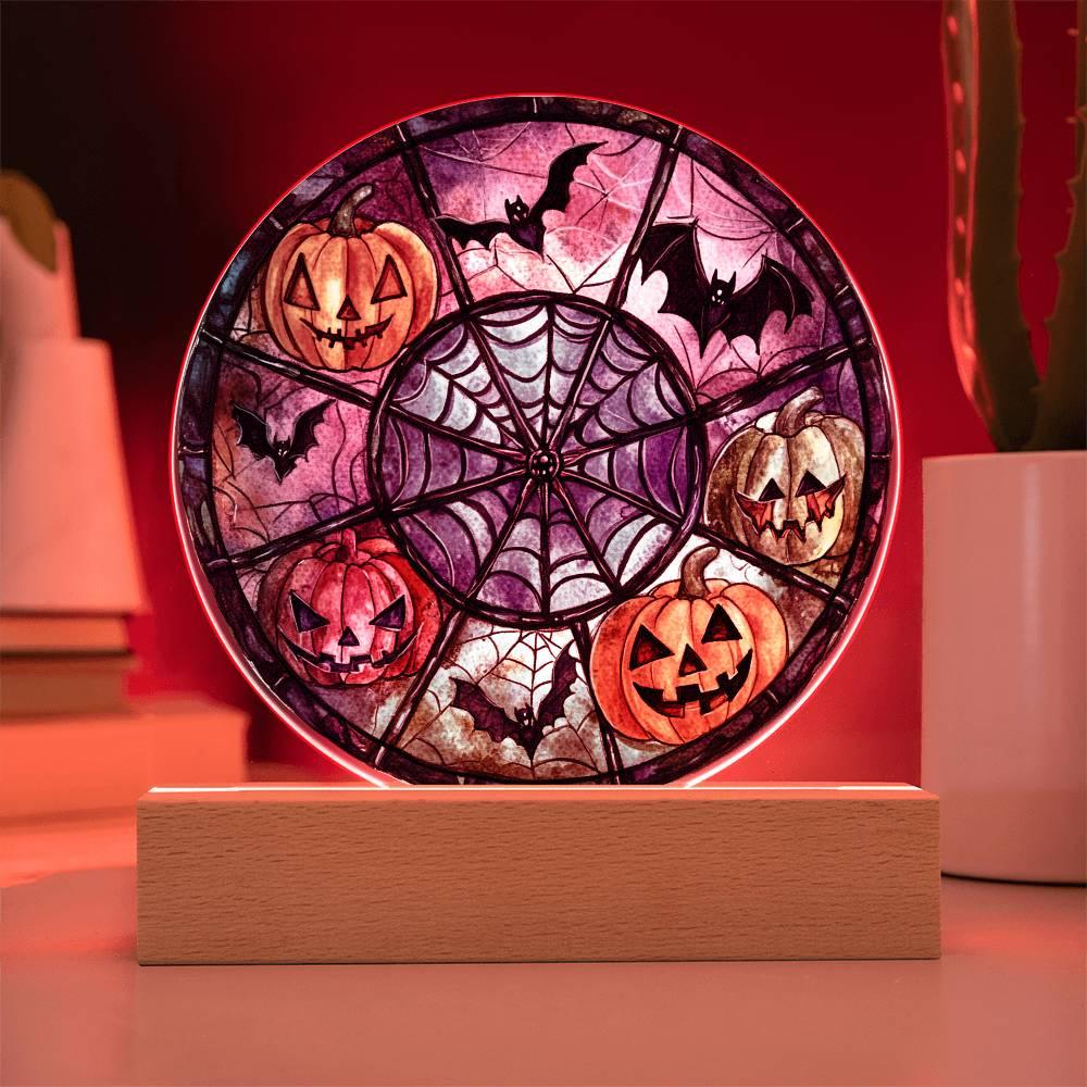 Spooky Halloween Decor Round Acrylic Plaque with Lighted LED Wooden Base - Mallard Moon Gift Shop