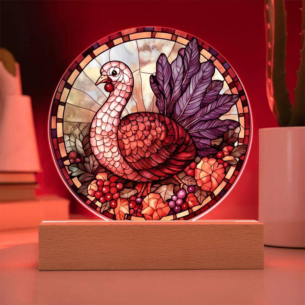 Turkey Stained-glass Round Acrylic Plaque - LED Lighted Wooden Base