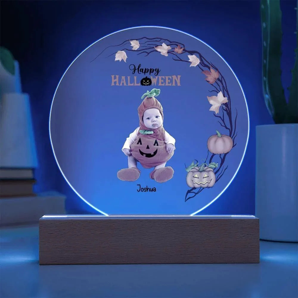 Personalized Halloween Photo Upload - Baby First Halloween Keepsake - Family Costume Round Acrylic Plaque with LED Lighted Base