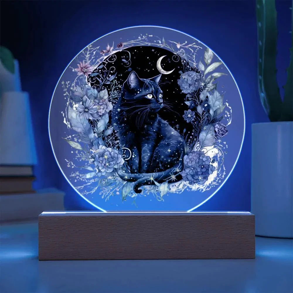Black Cat Bewitchment: Halloween Printed Circle Acrylic Plaque with LED Lighted Wooden Base