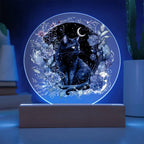 Black Cat Bewitchment: Halloween Printed Circle Acrylic Plaque with LED Lighted Wooden Base