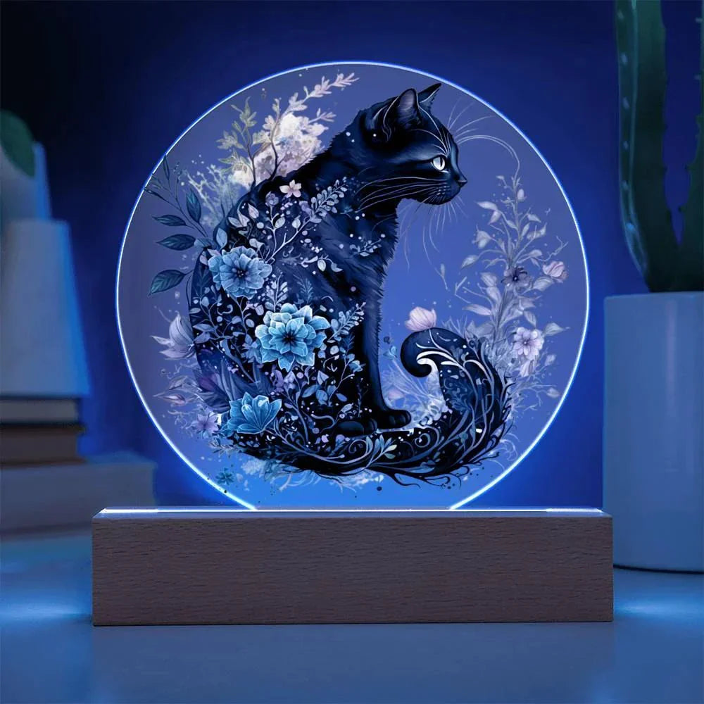 Hallow's Eve Feline: Enchanting Acrylic Plaque Halloween Black Cat Table-top Lighted Decor